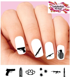 Waterslide Nail Decals - Set of 20 Weapons Gun Knife Bullet